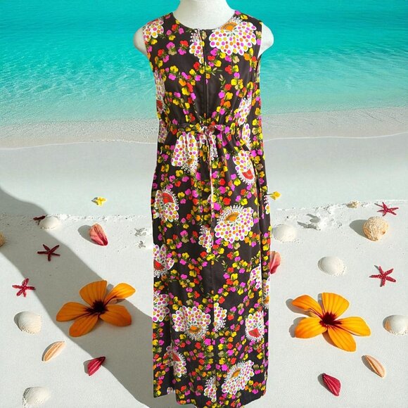 Vintage Hawaiian Brown Floral Maxi Dress Drawstring Tie RN 17573 Sears Hawaiian - Picture 1 of 14